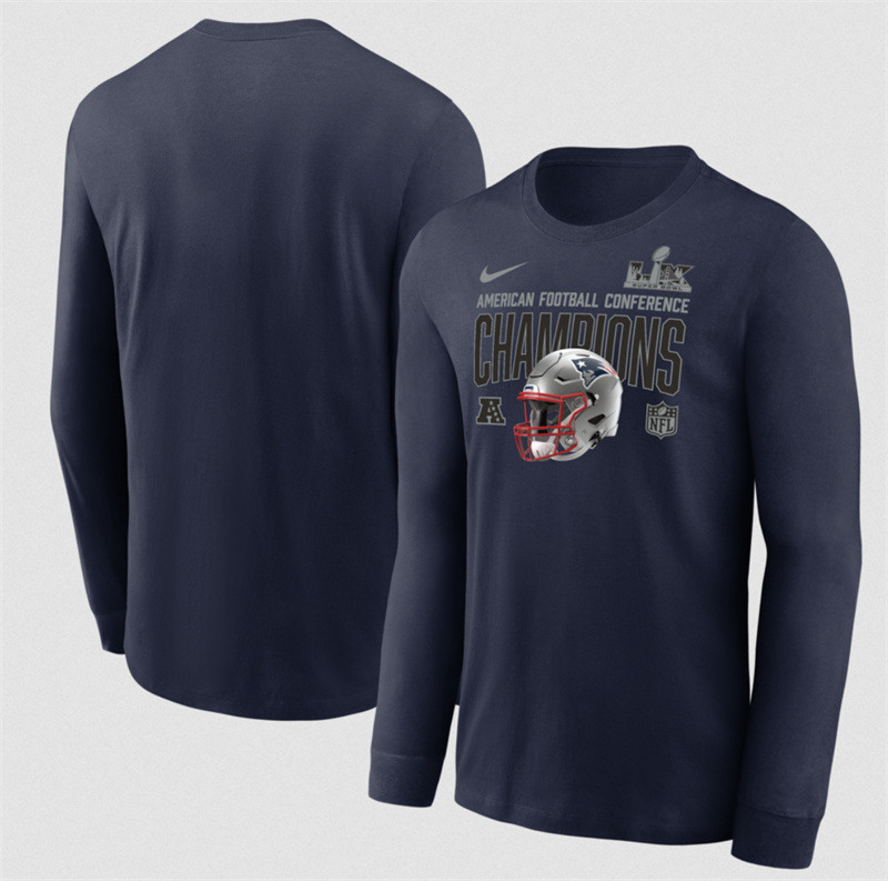 Men's New England Patriots Navy 2025 AFC Champions Glory Shield Long Sleeve T-Shirt Men's New England Patriots Navy 2025 AFC Champions Glory Shield Long Sleeve T-Shirt