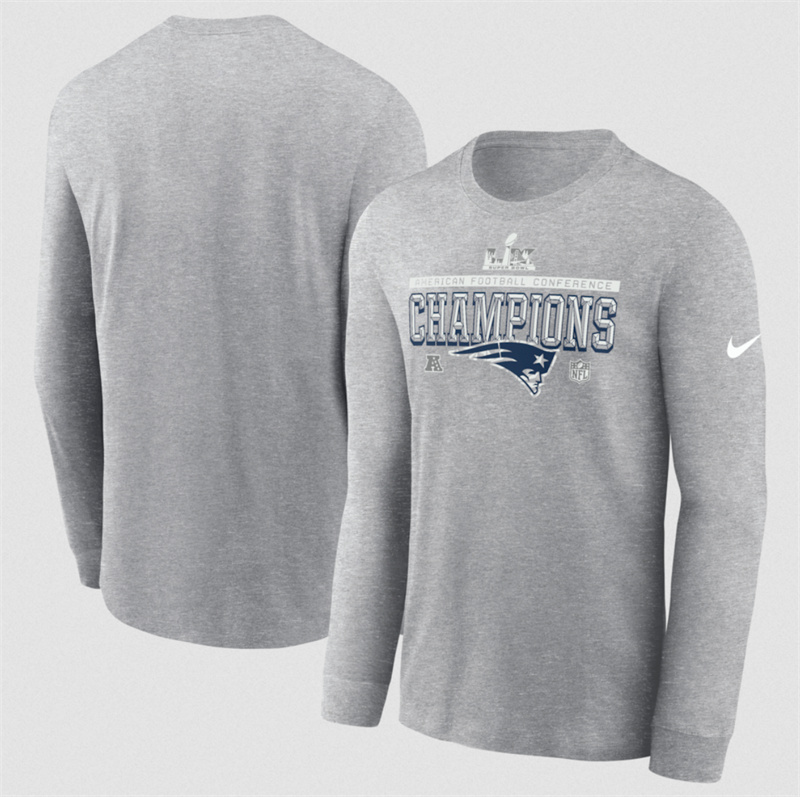 Men's New England Patriots Heather Gray 2025 AFC Champions Locker Room Trophy Collection Long Sleeve T-Shirt Men's New England Patriots Heather Gray 2025 AFC Champions Locker Room Trophy Collection Long Sleeve T-Shirt