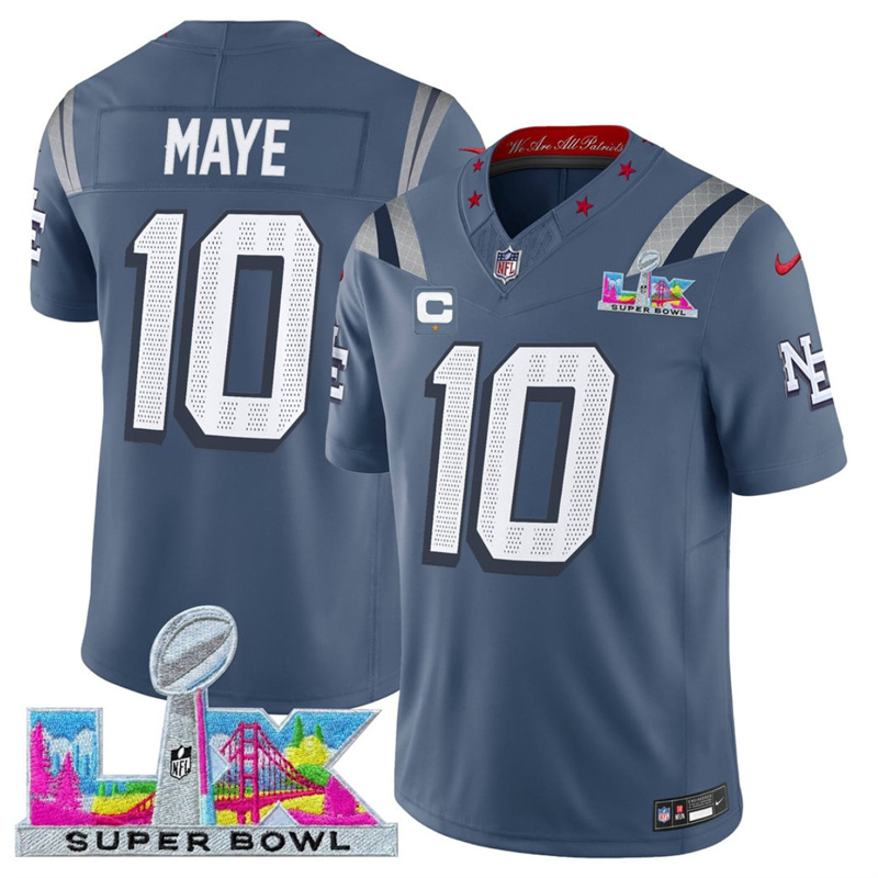 Men's New England Patriots #10 Drake Maye Storm Blue 2025 F.U.S.E. Super Bowl LX Patch “Rivalries” Vapor Limited Stitched Football Jersey Men's New England Patriots #10 Drake Maye Storm Blue 2025 F.U.S.E. Super Bowl LX Patch “Rivalries” Vapor Limited Stitched Football Jersey