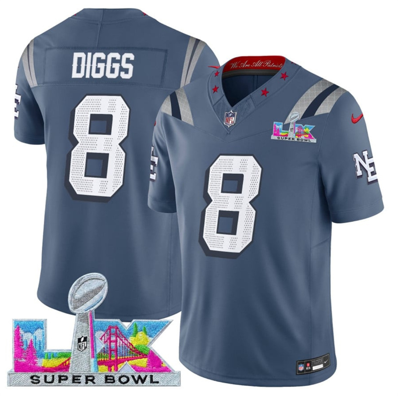Men's New England Patriots #8 Stefon Diggs Storm Blue 2025 F.U.S.E. Super Bowl LX Patch “Rivalries” Vapor Limited Stitched Football Jersey Men's New England Patriots #8 Stefon Diggs Storm Blue 2025 F.U.S.E. Super Bowl LX Patch “Rivalries” Vapor Limited Stitched Football Jersey