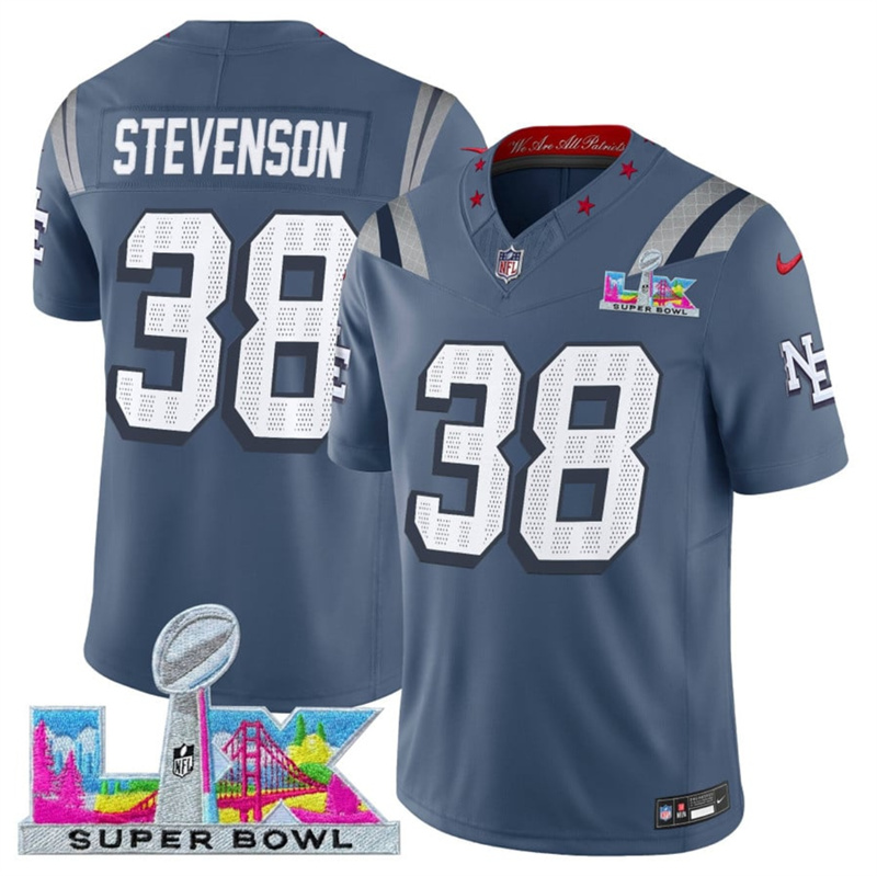 Men's New England Patriots #38 Rhamondre Stevenson Storm Blue 2025 F.U.S.E. Super Bowl LX Patch “Rivalries” Vapor Limited Stitched Football Jersey