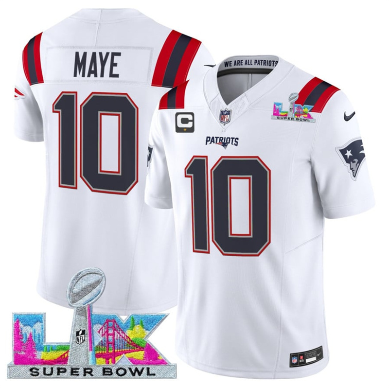 Men's New England Patriots #10 Drake Maye White 2025 F.U.S.E. Super Bowl LX Patch And 1-Star C Patch Vapor Limited Stitched Football Jersey Men's New England Patriots #10 Drake Maye White 2025 F.U.S.E. Super Bowl LX Patch And 1-Star C Patch Vapor Limited Stitched Football Jersey