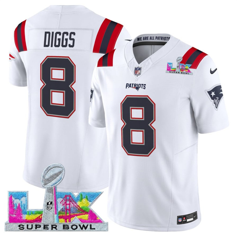 Men's New England Patriots #8 Stefon Diggs White 2025 F.U.S.E. Super Bowl LX Patch Vapor Limited Stitched Football Jersey Men's New England Patriots #8 Stefon Diggs White 2025 F.U.S.E. Super Bowl LX Patch Vapor Limited Stitched Football Jersey