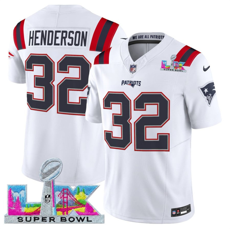 Men's New England Patriots #32 TreVeyon Henderson White 2025 F.U.S.E. Super Bowl LX Patch Vapor Limited Stitched Football Jersey