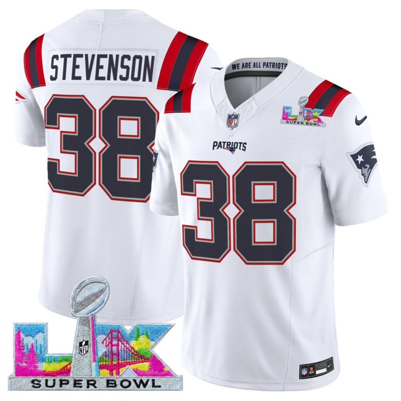 Men's New England Patriots #38 Rhamondre Stevenson White 2025 F.U.S.E. Super Bowl LX Patch Vapor Limited Stitched Football Jersey
