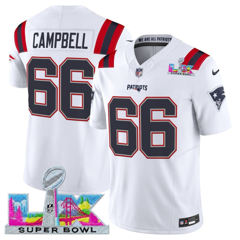 Men's New England Patriots #66 Will Campbell White 2025 F.U.S.E. Super Bowl LX Patch Vapor Limited Stitched Football Jersey Men's New England Patriots #66 Will Campbell White 2025 F.U.S.E. Super Bowl LX Patch Vapor Limited Stitched Football Jersey