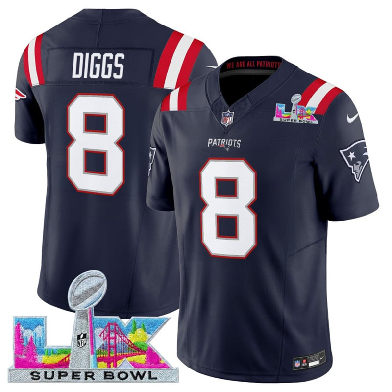 Men's New England Patriots #8 Stefon Diggs Navy 2025 F.U.S.E. Super Bowl LX Patch Vapor Limited Stitched Football Jersey Men's New England Patriots #8 Stefon Diggs Navy 2025 F.U.S.E. Super Bowl LX Patch Vapor Limited Stitched Football Jersey