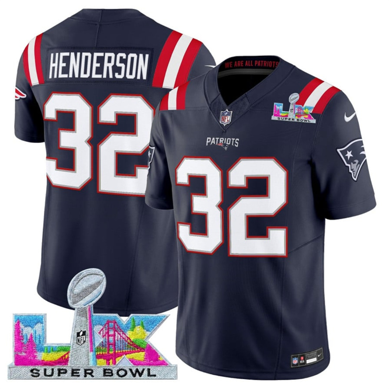 Men's New England Patriots #32 TreVeyon Henderson Navy 2025 F.U.S.E. Super Bowl LX Patch Vapor Limited Stitched Football Jersey Men's New England Patriots #32 TreVeyon Henderson Navy 2025 F.U.S.E. Super Bowl LX Patch Vapor Limited Stitched Football Jersey