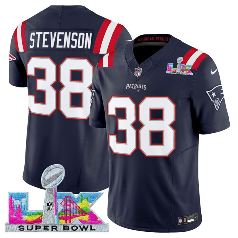 Men's New England Patriots #38 Rhamondre Stevenson Navy 2025 F.U.S.E. Super Bowl LX Patch Vapor Limited Stitched Football Jersey Men's New England Patriots #38 Rhamondre Stevenson Navy 2025 F.U.S.E. Super Bowl LX Patch Vapor Limited Stitched Football Jersey