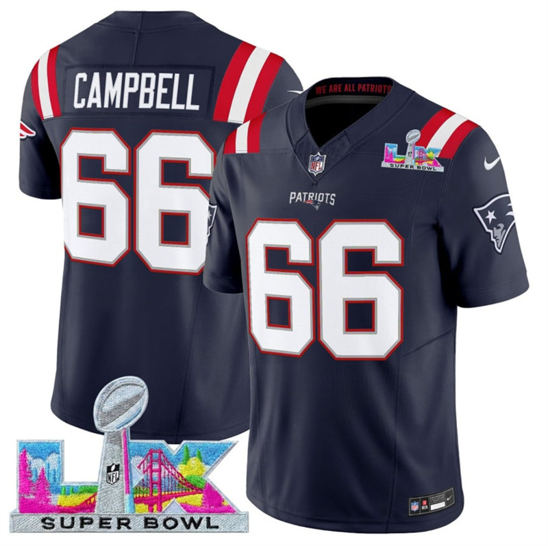 Men's New England Patriots #66 Will Campbell Navy 2025 F.U.S.E. Super Bowl LX Patch Vapor Limited Stitched Football Jersey Men's New England Patriots #66 Will Campbell Navy 2025 F.U.S.E. Super Bowl LX Patch Vapor Limited Stitched Football Jersey