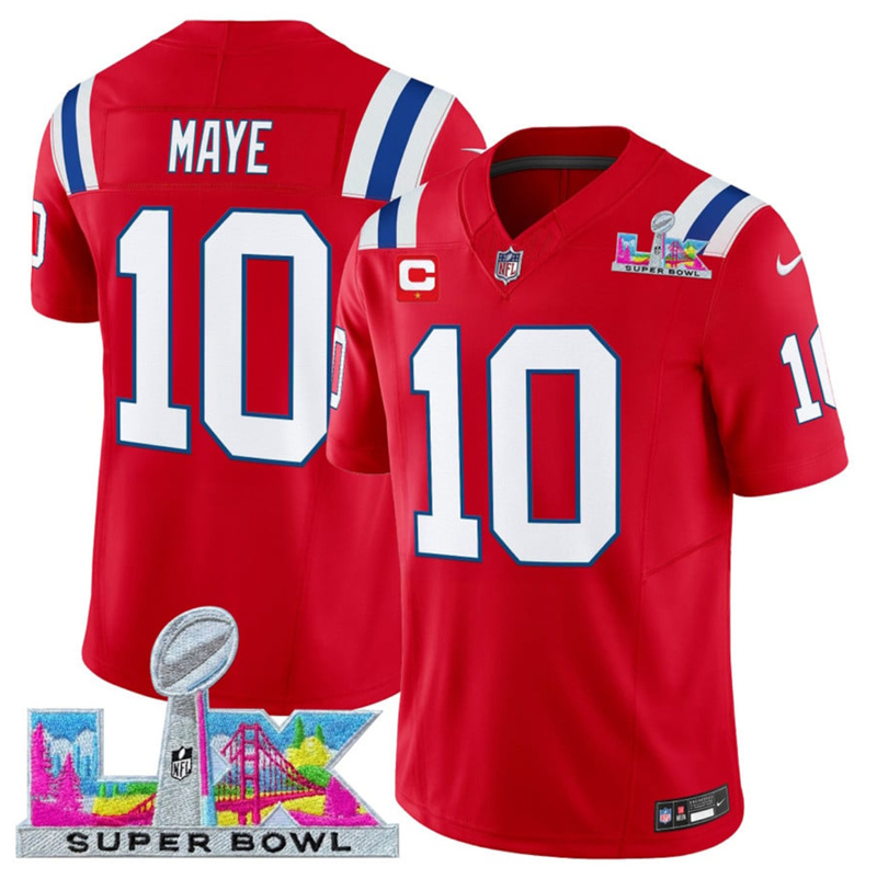 Men's New England Patriots #10 Drake Maye Red 2025 F.U.S.E. Super Bowl LX Patch Vapor Limited Stitched Football Jersey