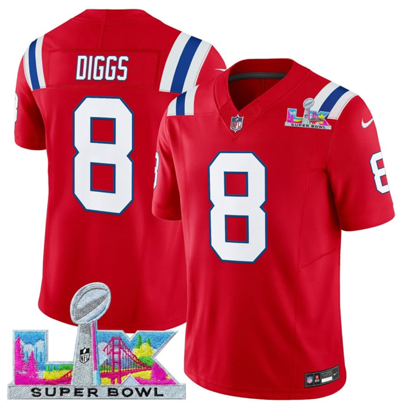 Men's New England Patriots #8 Stefon Diggs Red 2025 F.U.S.E. Super Bowl LX Patch Vapor Limited Stitched Football Jersey Men's New England Patriots #8 Stefon Diggs Red 2025 F.U.S.E. Super Bowl LX Patch Vapor Limited Stitched Football Jersey