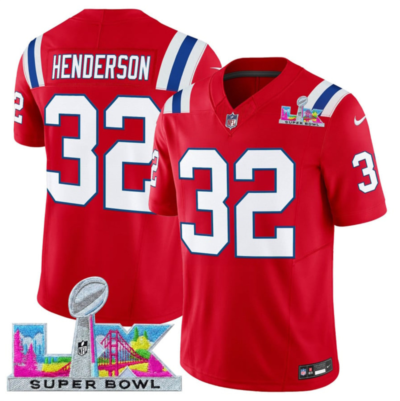 Men's New England Patriots #32 TreVeyon Henderson Red 2025 F.U.S.E. Super Bowl LX Patch Vapor Limited Stitched Football Jersey Men's New England Patriots #32 TreVeyon Henderson Red 2025 F.U.S.E. Super Bowl LX Patch Vapor Limited Stitched Football Jersey