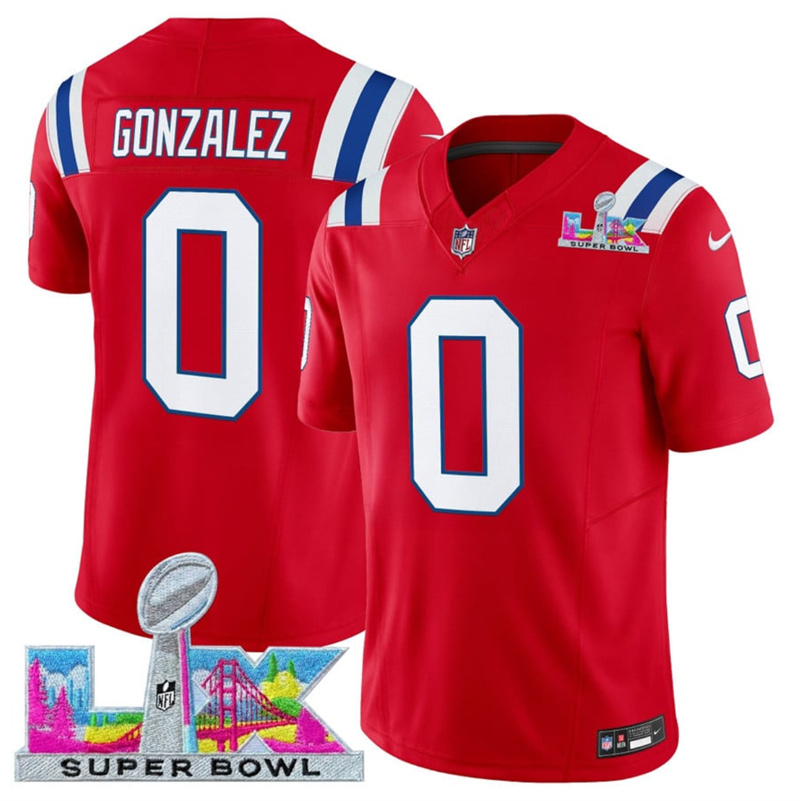 Men's New England Patriots #0 Christian Gonzalez Red 2025 F.U.S.E. Super Bowl LX Patch Vapor Limited Stitched Football Jersey Men's New England Patriots #0 Christian Gonzalez Red 2025 F.U.S.E. Super Bowl LX Patch Vapor Limited Stitched Football Jersey