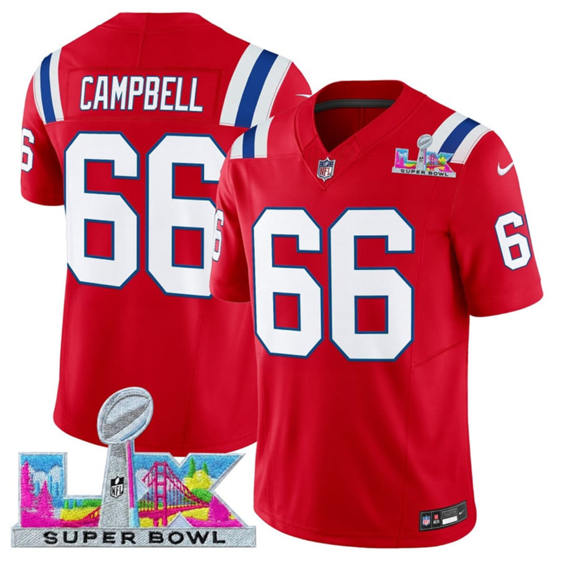 Men's New England Patriots #66 Will Campbell Red 2025 F.U.S.E. Super Bowl LX Patch Vapor Limited Stitched Football Jersey Men's New England Patriots #66 Will Campbell Red 2025 F.U.S.E. Super Bowl LX Patch Vapor Limited Stitched Football Jersey