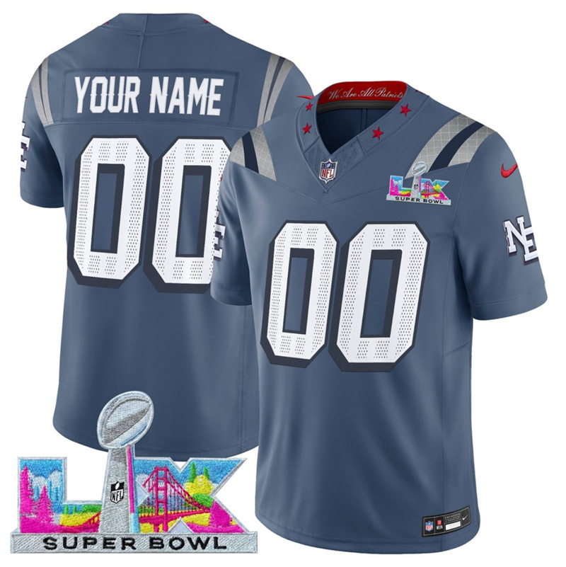 Men's New England Patriots Active Player Custom Storm Blue 2025 F.U.S.E. Super Bowl LX Patch “Rivalries” Vapor Limited Stitched Football Jersey Men's New England Patriots Active Player Custom Storm Blue 2025 F.U.S.E. Super Bowl LX Patch “Rivalries” Vapor Limited Stitched Football Jersey