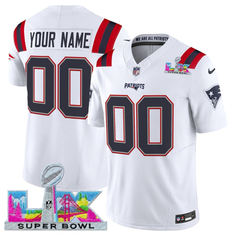 Men's New England Patriots Active Player Custom White 2025 F.U.S.E. Super Bowl LX Patch Vapor Limited Stitched Football Jersey Men's New England Patriots Active Player Custom White 2025 F.U.S.E. Super Bowl LX Patch Vapor Limited Stitched Football Jersey