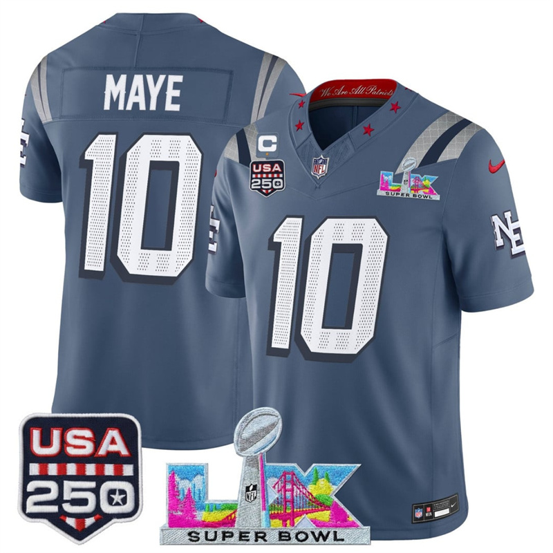 Men's New England Patriots #10 Drake Maye Storm Blue 2025 F.U.S.E. 1-Star C Patch And Super Bowl LX Patch & USA 250' Patch “Rivalries” Vapor Limited Football Stitched Jersey Men's New England Patriots #10 Drake Maye Storm Blue 2025 F.U.S.E. 1-Star C Patch And Super Bowl LX Patch & USA 250' Patch “Rivalries” Vapor Limited Football Stitched Jersey