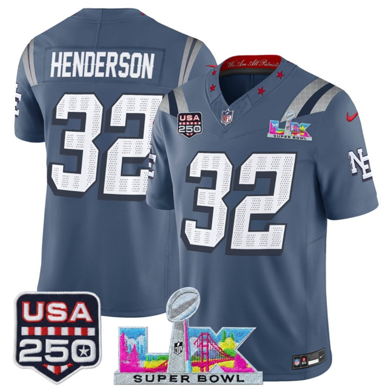Men's New England Patriots #32 TreVeyon Henderson Storm Blue 2025 F.U.S.E. Super Bowl LX & USA 250' Patch “Rivalries” Vapor Limited Football Stitched Jersey Men's New England Patriots #32 TreVeyon Henderson Storm Blue 2025 F.U.S.E. Super Bowl LX & USA 250' Patch “Rivalries” Vapor Limited Football Stitched Jersey