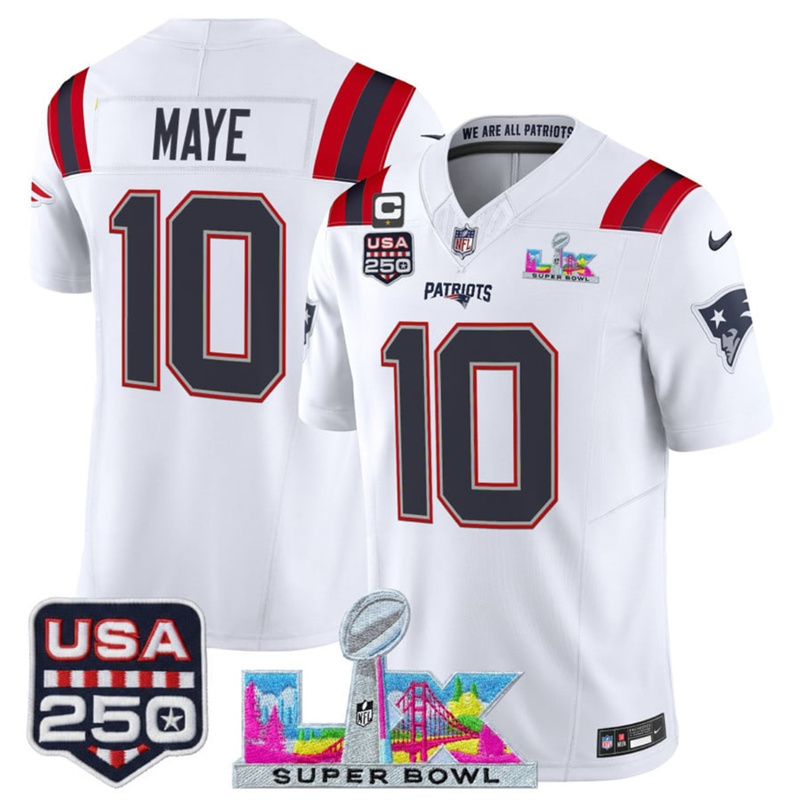 Men's New England Patriots #10 Drake Maye White 2025 F.U.S.E. Super Bowl LX Patch USA 250' Patch Vapor Limited Football Stitched Jersey