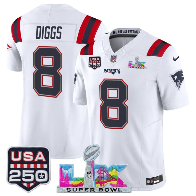 Men's New England Patriots #8 Stefon Diggs White 2025 F.U.S.E. Super Bowl LX Patch And USA 250' Patch Vapor Limited Football Stitched Jersey Men's New England Patriots #8 Stefon Diggs White 2025 F.U.S.E. Super Bowl LX Patch And USA 250' Patch Vapor Limited Football Stitched Jersey