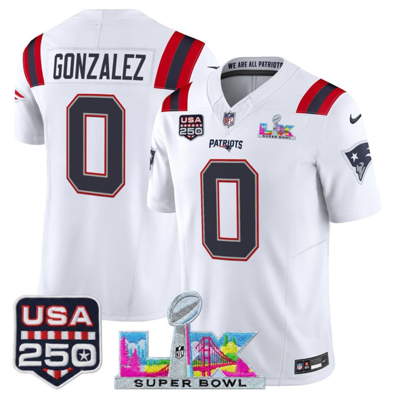 Men's New England Patriots #0 Christian Gonzalez White 2025 F.U.S.E. Super Bowl LX Patch And USA 250' Patch Vapor Limited Football Stitched Jersey Men's New England Patriots #0 Christian Gonzalez White 2025 F.U.S.E. Super Bowl LX Patch And USA 250' Patch Vapor Limited Football Stitched Jersey