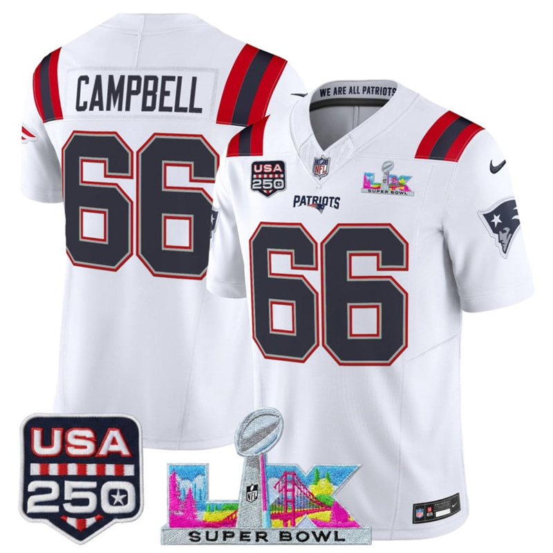 Men's New England Patriots #66 Will Campbell White 2025 F.U.S.E. Super Bowl LX Patch And USA 250' Patch Vapor Limited Football Stitched Jersey Men's New England Patriots #66 Will Campbell White 2025 F.U.S.E. Super Bowl LX Patch And USA 250' Patch Vapor Limited Football Stitched Jersey