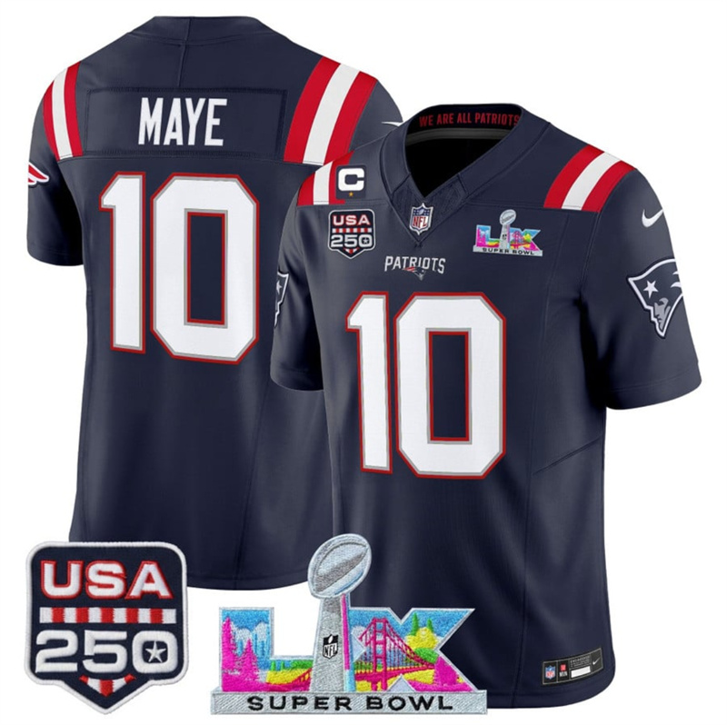 Men's New England Patriots #10 Drake Maye Navy 2025 F.U.S.E. 1-Star C Patch And Super Bowl LX Patch & USA 250' Patch Vapor Limited Football Stitched Jersey Men's New England Patriots #10 Drake Maye Navy 2025 F.U.S.E. 1-Star C Patch And Super Bowl LX Patch & USA 250' Patch Vapor Limited Football Stitched Jersey