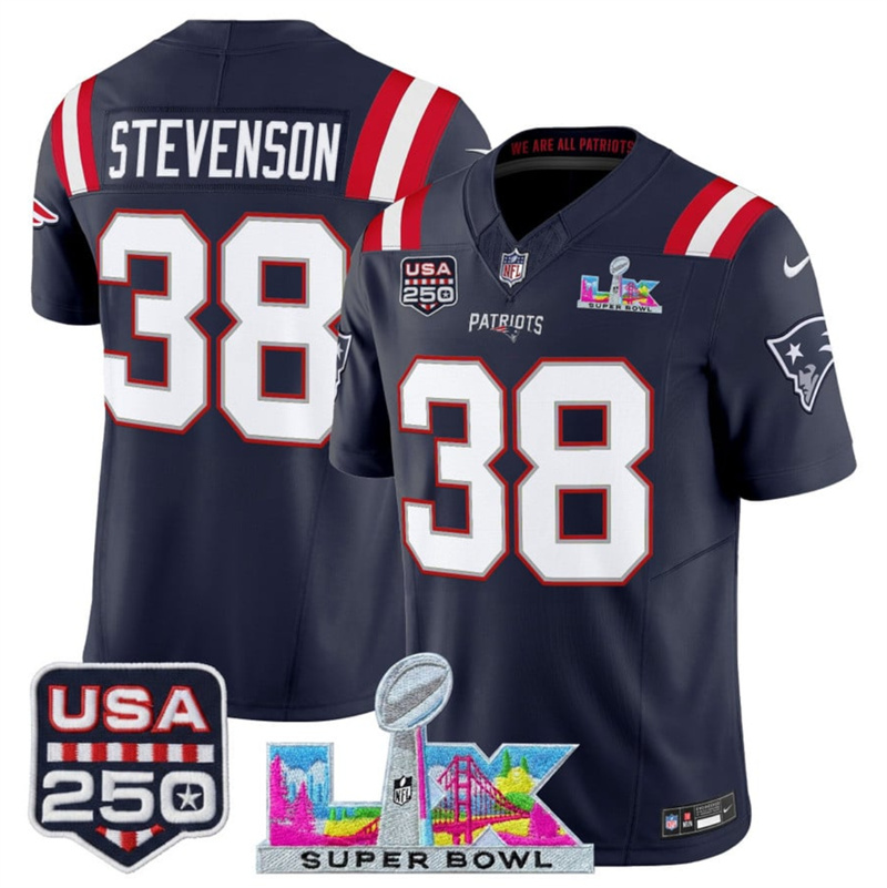 Men's New England Patriots #38 Rhamondre Stevenson Navy 2025 F.U.S.E. Super Bowl LX Patch And USA 250' Patch Vapor Limited Football Stitched Jersey Men's New England Patriots #38 Rhamondre Stevenson Navy 2025 F.U.S.E. Super Bowl LX Patch And USA 250' Patch Vapor Limited Football Stitched Jersey