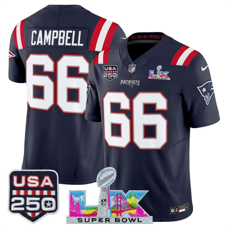Men's New England Patriots #66 Will Campbell Navy 2025 F.U.S.E. Super Bowl LX Patch And USA 250' Patch Vapor Limited Football Stitched Jersey Men's New England Patriots #66 Will Campbell Navy 2025 F.U.S.E. Super Bowl LX Patch And USA 250' Patch Vapor Limited Football Stitched Jersey