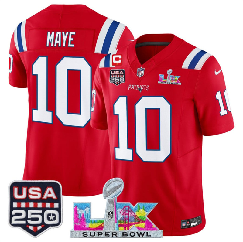 Men's New England Patriots #10 Drake Maye Red 2025 F.U.S.E. 1-Star C Patch And Super Bowl LX Patch & USA 250' Patch Vapor Limited Football Stitched Jersey Men's New England Patriots #10 Drake Maye Red 2025 F.U.S.E. 1-Star C Patch And Super Bowl LX Patch & USA 250' Patch Vapor Limited Football Stitched Jersey