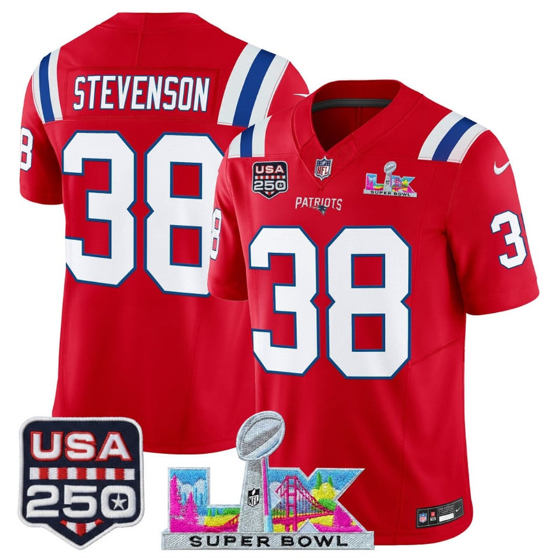 Men's New England Patriots #38 Rhamondre Stevenson Red 2025 F.U.S.E. Super Bowl LX Patch And USA 250' Patch Vapor Limited Football Stitched Jersey Men's New England Patriots #38 Rhamondre Stevenson Red 2025 F.U.S.E. Super Bowl LX Patch And USA 250' Patch Vapor Limited Football Stitched Jersey