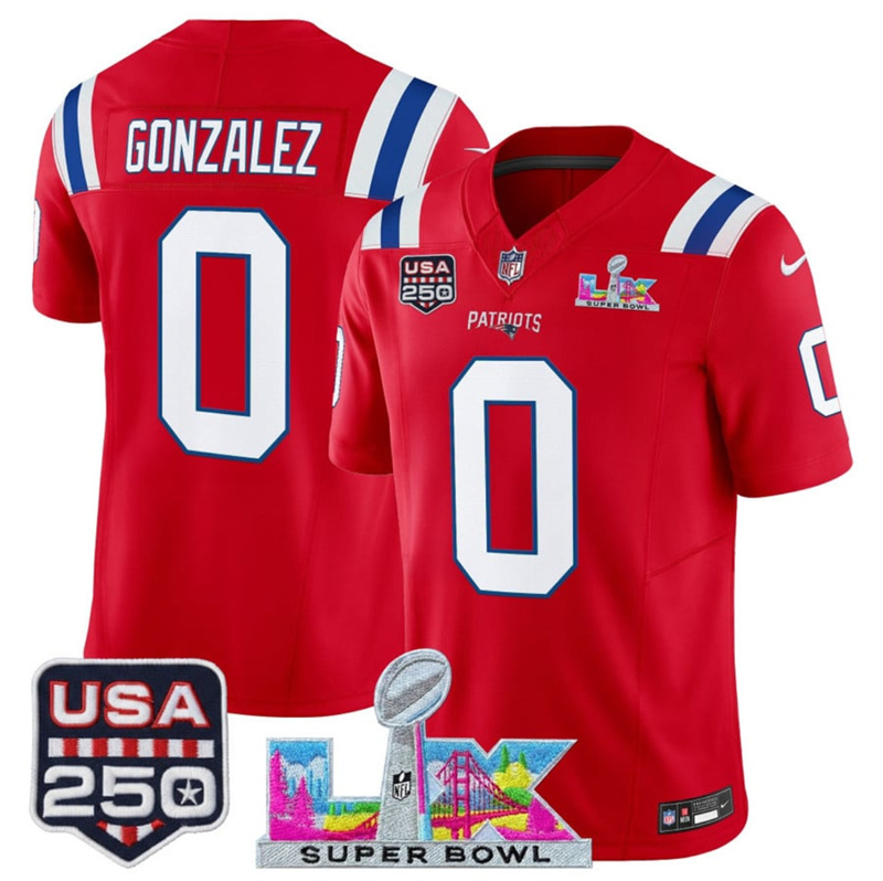 Men's New England Patriots #0 Christian Gonzalez Red 2025 F.U.S.E. Super Bowl LX Patch And USA 250' Patch Vapor Limited Football Stitched Jersey Men's New England Patriots #0 Christian Gonzalez Red 2025 F.U.S.E. Super Bowl LX Patch And USA 250' Patch Vapor Limited Football Stitched Jersey