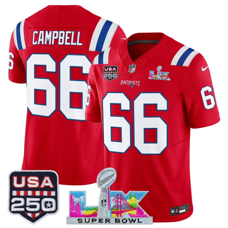 Men's New England Patriots #66 Will Campbell Red 2025 F.U.S.E. Super Bowl LX Patch And USA 250' Patch Vapor Limited Football Stitched Jersey Men's New England Patriots #66 Will Campbell Red 2025 F.U.S.E. Super Bowl LX Patch And USA 250' Patch Vapor Limited Football Stitched Jersey