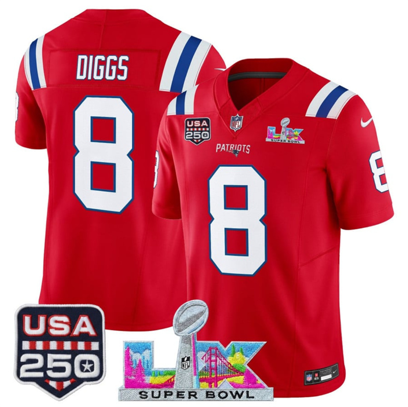 Men's New England Patriots #8 Stefon Diggs Red 2025 F.U.S.E. Super Bowl LX Patch And USA 250' Patch Vapor Limited Football Stitched Jersey Men's New England Patriots #8 Stefon Diggs Red 2025 F.U.S.E. Super Bowl LX Patch And USA 250' Patch Vapor Limited Football Stitched Jersey
