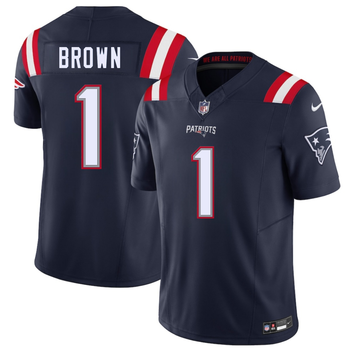 Men's New England Patriots #1 A.J. Brown Navy 2026 F.U.S.E. Vapor Limited Stitched Football Jersey Men's New England Patriots #1 A.J. Brown Navy 2026 F.U.S.E. Vapor Limited Stitched Football Jersey