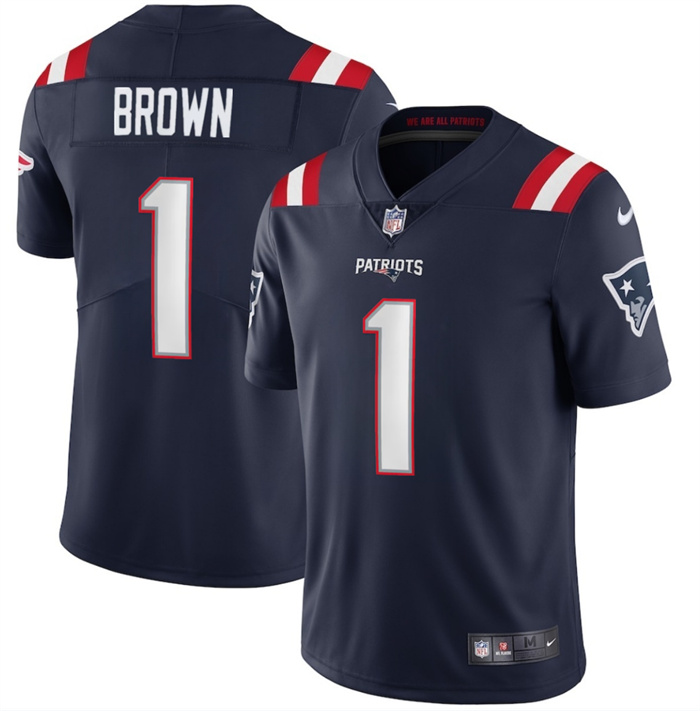 Men's New England Patriots #1 A.J. Brown Navy 2026 Vapor Limited Stitched Football Jersey Men's New England Patriots #1 A.J. Brown Navy 2026 Vapor Limited Stitched Football Jersey