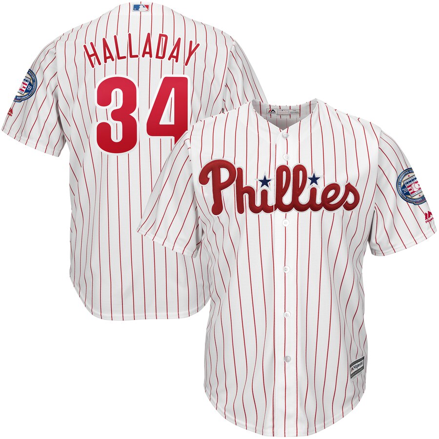Philadelphia Phillies #34 Roy Halladay Majestic 2019 Hall of Fame Official Cool Base Player Jersey White Red Philadelphia Phillies #34 Roy Halladay Majestic 2019 Hall of Fame Official Cool Base Player Jersey White Red