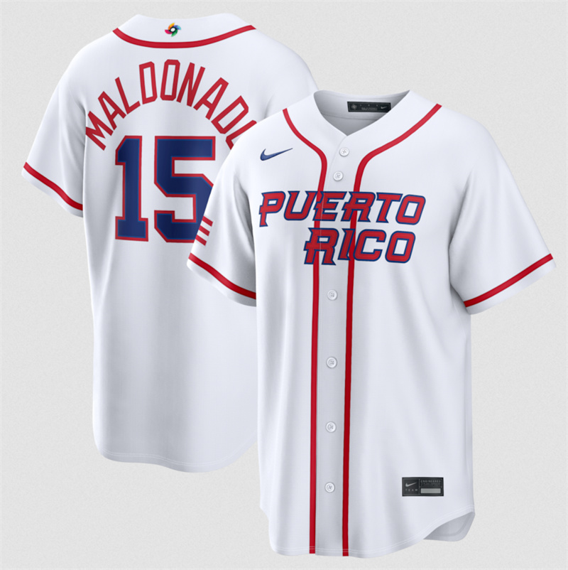 Men's Puerto Rico Baseball #15 Martín Maldonado Blue 2026 World Baseball Classic Road Stadium Stitched Jersey Men's Puerto Rico Baseball #15 Martín Maldonado Blue 2026 World Baseball Classic Road Stadium Stitched Jersey