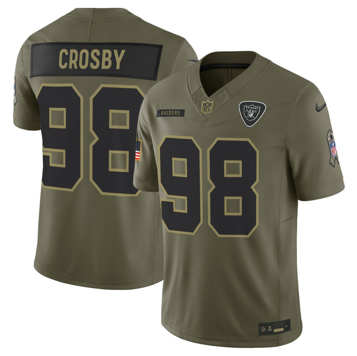 Men's Las Vegas Raiders #98 Maxx Crosby Olive 2025 F.U.S.E. Salute to Service Limited Stitched Football Jersey Men's Las Vegas Raiders #98 Maxx Crosby Olive 2025 F.U.S.E. Salute to Service Limited Stitched Football Jersey
