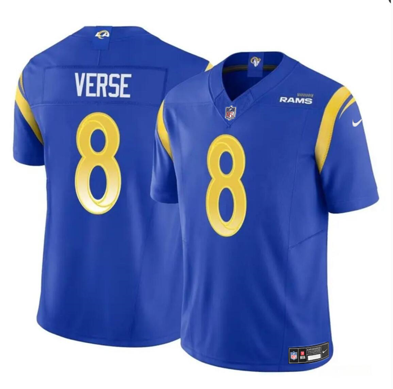 Men's Los Angeles Rams #8 Jared Verse Blue 2024 Draft F.U.S.E Vapor Untouchable Stitched Football Jersey Men's Los Angeles Rams #8 Jared Verse Blue 2024 Draft F.U.S.E Vapor Untouchable Stitched Football Jersey