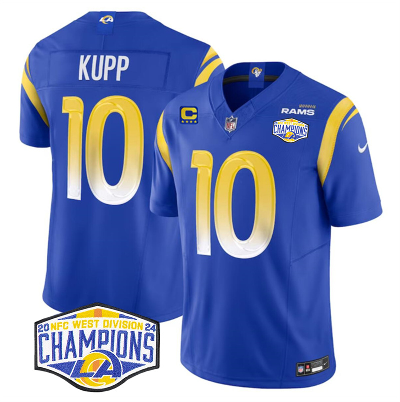 Men's Los Angeles Rams #10 Cooper Kupp Blue 2024 NFC West Champions With 4-Star C Patch F.U.S.E. Vapor Untouchable Stitched Football Jersey Men's Los Angeles Rams #10 Cooper Kupp Blue 2024 NFC West Champions With 4-Star C Patch F.U.S.E. Vapor Untouchable Stitched Football Jersey
