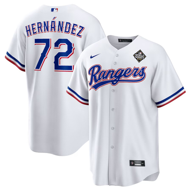 Men's Texas Rangers #72 Jonathan Hernández White 2023 World Series Stitched Baseball Jersey