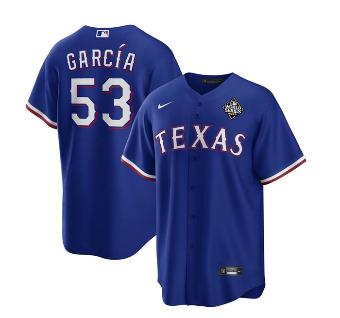 Men's Texas Rangers #53 Adolis García Royal 2023 World Series Stitched Baseball Jersey Men's Texas Rangers #53 Adolis García Royal 2023 World Series Stitched Baseball Jersey