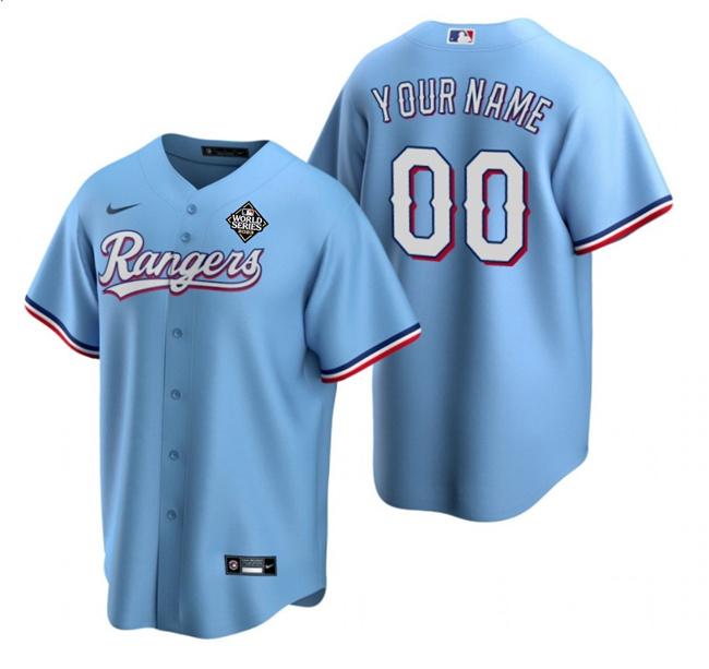 Men's Texas Rangers Customized Blue 2023 World Series Cool Base Stitched Jersey Men's Texas Rangers Customized Blue 2023 World Series Cool Base Stitched Jersey