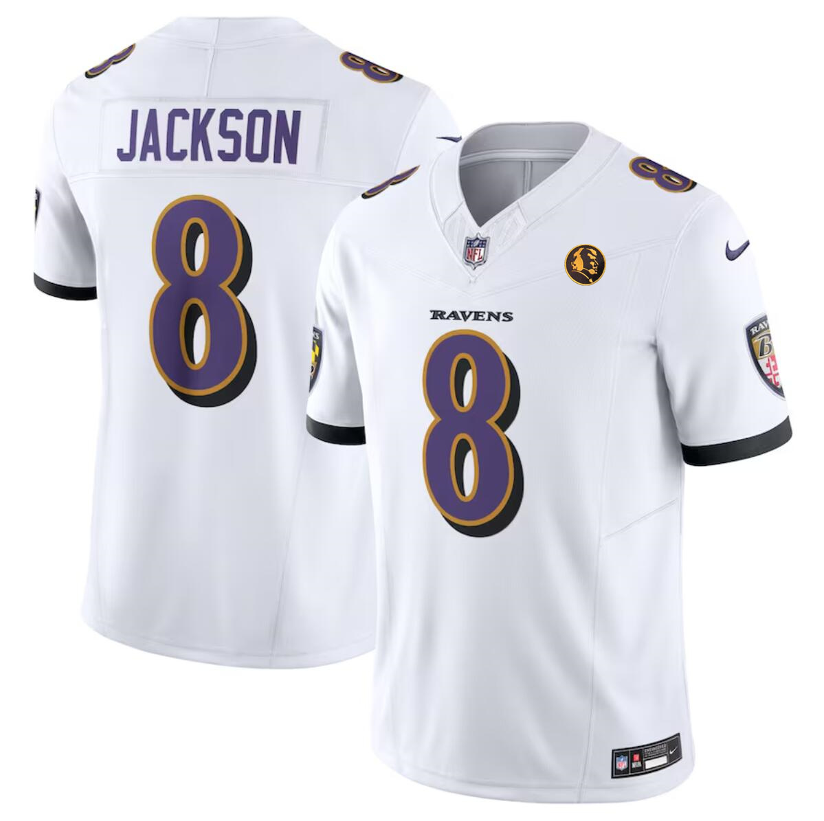 Men's Baltimore Ravens #8 Lamar Jackson White 2023 F.U.S.E. With John Madden Patch Vapor Limited Football Jersey Men's Baltimore Ravens #8 Lamar Jackson White 2023 F.U.S.E. With John Madden Patch Vapor Limited Football Jersey