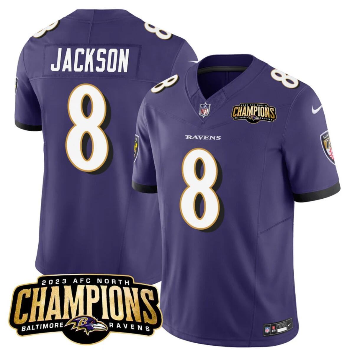 Men's Baltimore Ravens #8 Lamar Jackson Purple 2023 F.U.S.E. AFC North Champions Vapor Limited Football Jersey Men's Baltimore Ravens #8 Lamar Jackson Purple 2023 F.U.S.E. AFC North Champions Vapor Limited Football Jersey