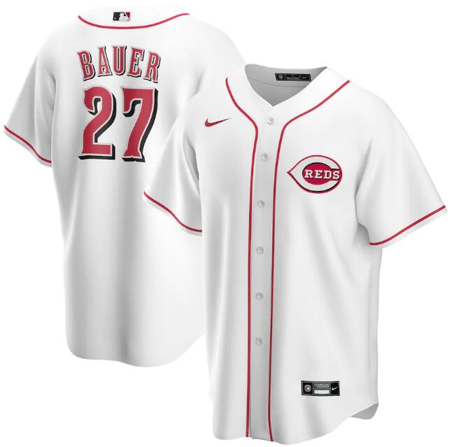 Men's Cincinnati Reds #27 Trevor Bauer White MLB Cool Base Stitched Jersey Men's Cincinnati Reds #27 Trevor Bauer White MLB Cool Base Stitched Jersey