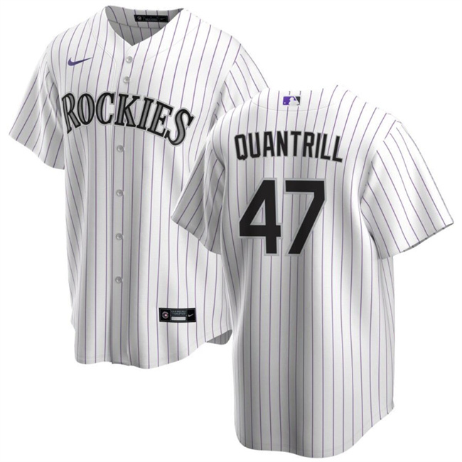 Men's Colorado Rockies #47 Cal Quantrill White Cool Base Stitched Baseball Jersey Men's Colorado Rockies #47 Cal Quantrill White Cool Base Stitched Baseball Jersey