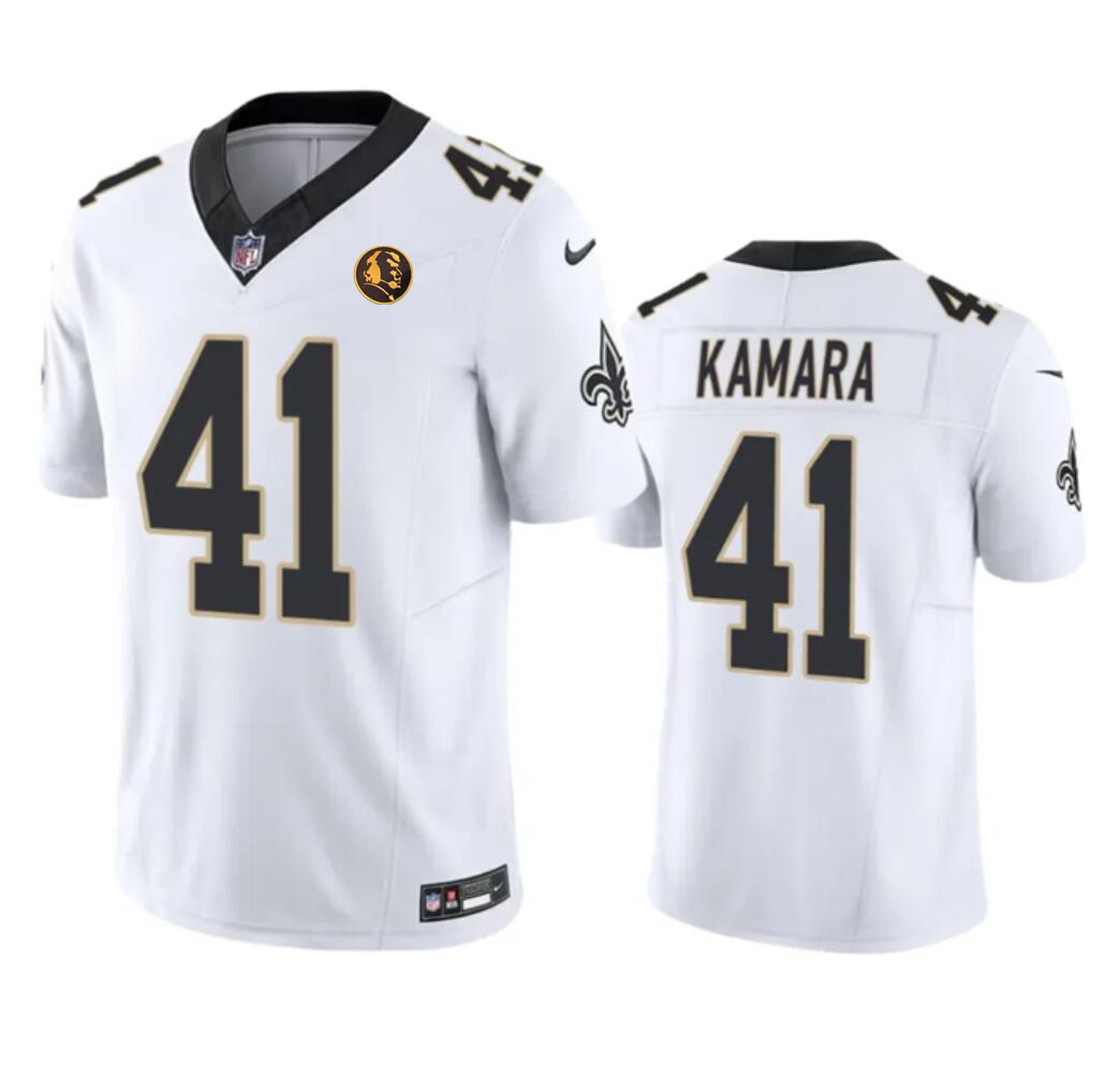 Men's New Orleans Saints #41 Alvin Kamara White 2023 F.U.S.E. With John Madden Patch Vapor Limited Stitched Football Jersey Men's New Orleans Saints #41 Alvin Kamara White 2023 F.U.S.E. With John Madden Patch Vapor Limited Stitched Football Jersey